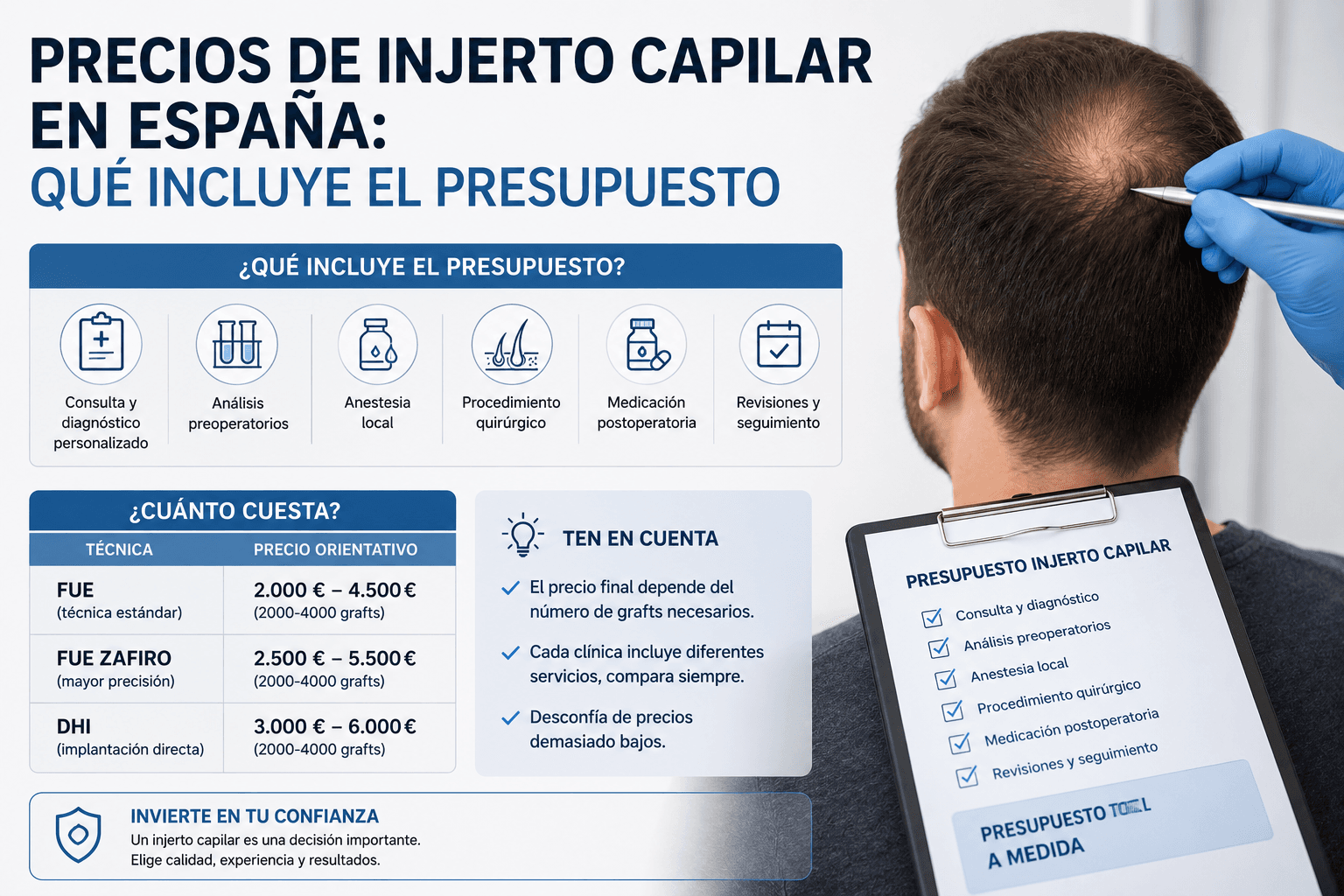 Imagen de apoyo para Precios de injerto capilar en España: qué incluye el presupuesto